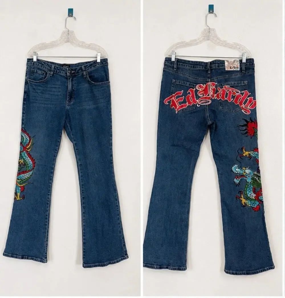 Ed Hardy Dragon Embroidered Bootcut Jeans Y2K Tattoo Denim Size 32